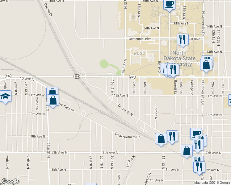 map of restaurants, bars, coffee shops, grocery stores, and more near 1818 11th Avenue North in Fargo