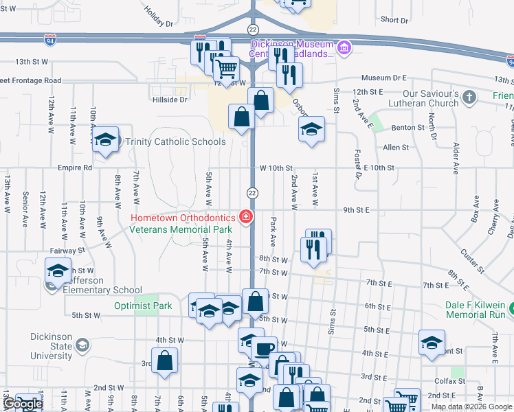 map of restaurants, bars, coffee shops, grocery stores, and more near 280 9th Street West in Dickinson