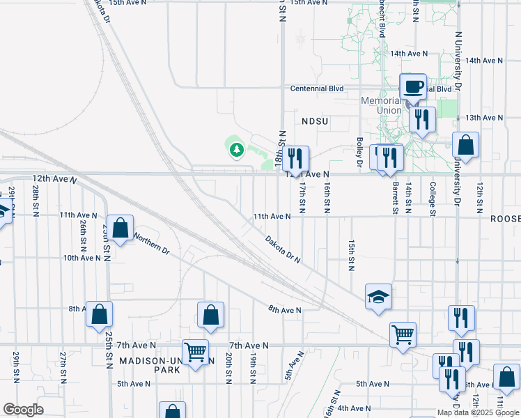 map of restaurants, bars, coffee shops, grocery stores, and more near 1818 11th Avenue North in Fargo