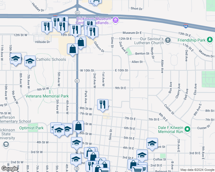 map of restaurants, bars, coffee shops, grocery stores, and more near 30 9th Street West in Dickinson