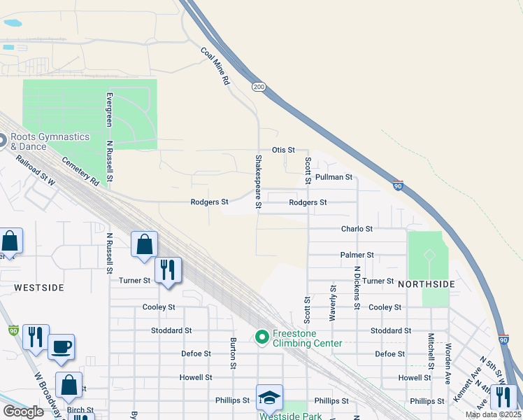map of restaurants, bars, coffee shops, grocery stores, and more near 1225 Rodgers Street in Missoula
