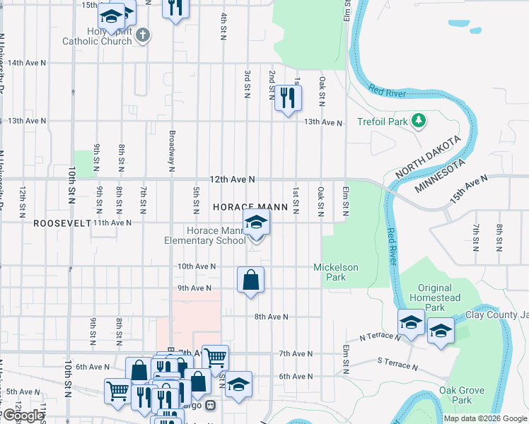 map of restaurants, bars, coffee shops, grocery stores, and more near 150-198 11th Avenue North in Fargo