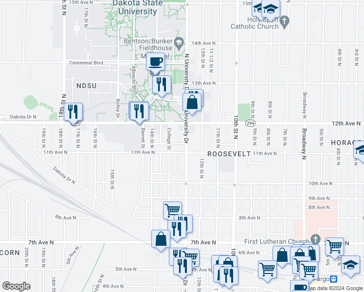 map of restaurants, bars, coffee shops, grocery stores, and more near 1224 11th Avenue North in Fargo