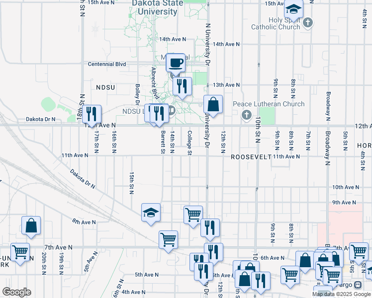 map of restaurants, bars, coffee shops, grocery stores, and more near 1110 College Street North in Fargo