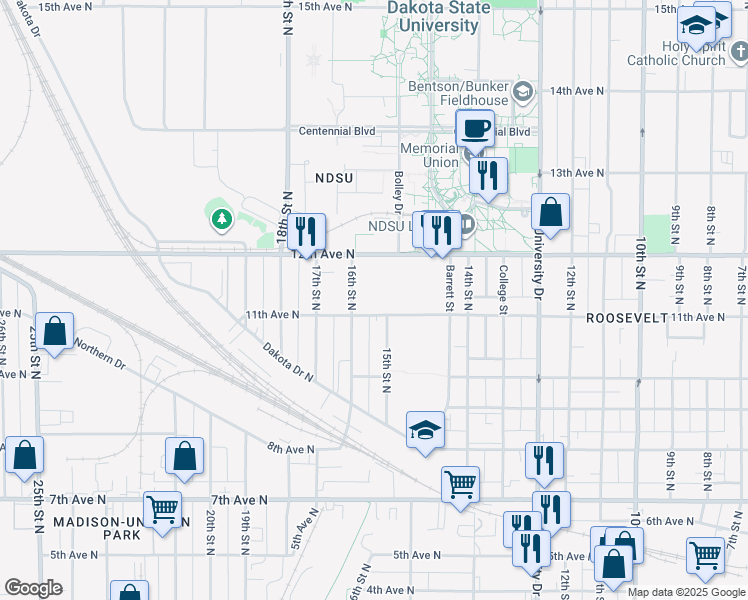 map of restaurants, bars, coffee shops, grocery stores, and more near 1510 11th Avenue North in Fargo