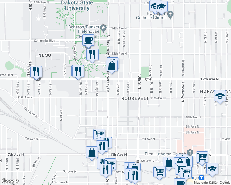 map of restaurants, bars, coffee shops, grocery stores, and more near 1045 12th Street North in Fargo