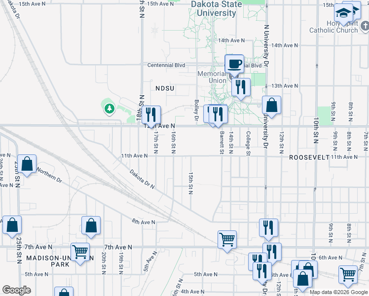 map of restaurants, bars, coffee shops, grocery stores, and more near 1510 11th Avenue North in Fargo