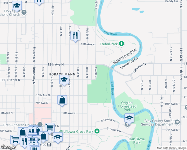 map of restaurants, bars, coffee shops, grocery stores, and more near 57 11th Avenue North in Fargo