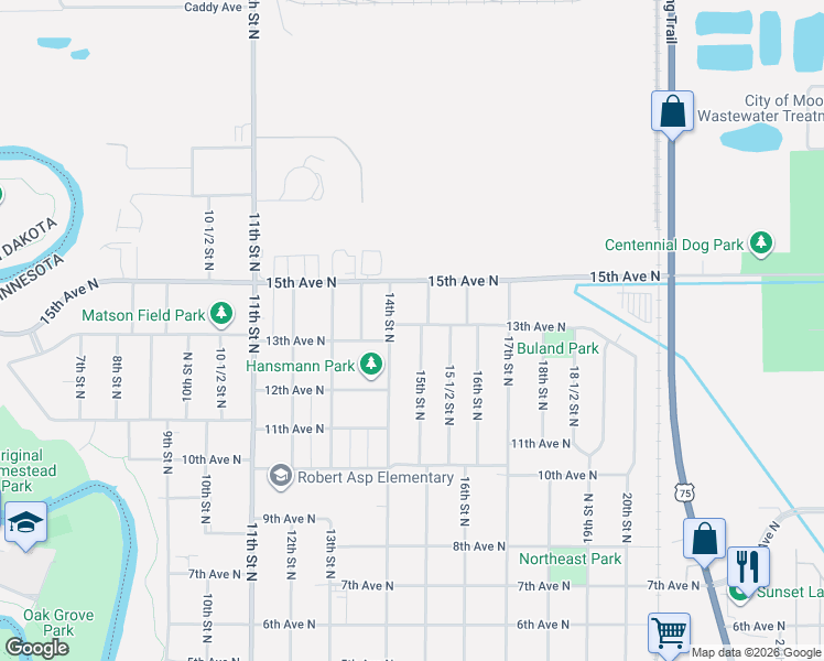 map of restaurants, bars, coffee shops, grocery stores, and more near 1220 15th Street North in Moorhead