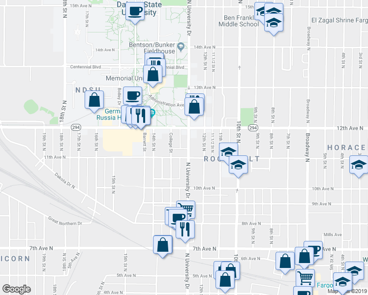 map of restaurants, bars, coffee shops, grocery stores, and more near 1224 11th Avenue North in Fargo
