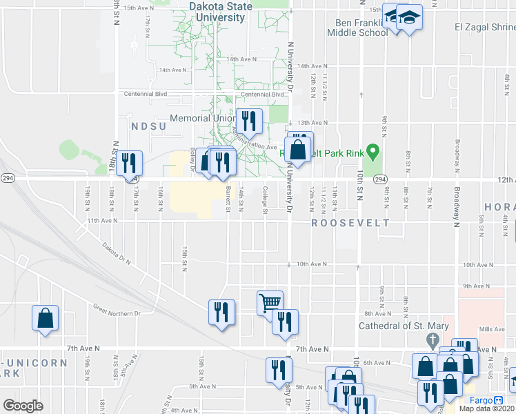 map of restaurants, bars, coffee shops, grocery stores, and more near 1041 College Street North in Fargo