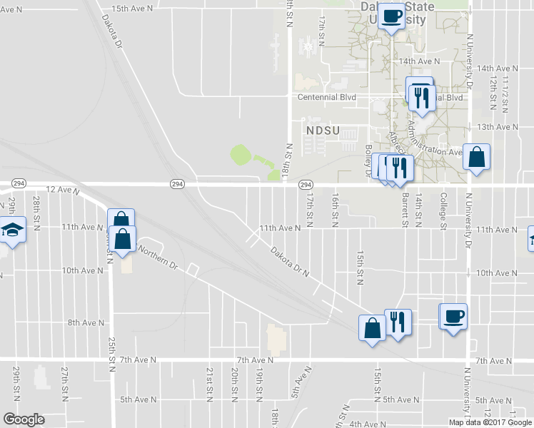 map of restaurants, bars, coffee shops, grocery stores, and more near 1818 11th Avenue North in Fargo