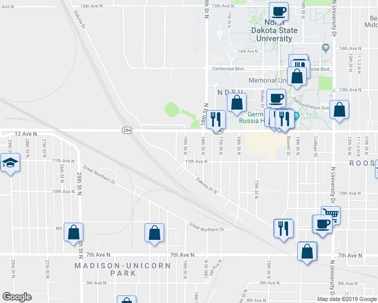 map of restaurants, bars, coffee shops, grocery stores, and more near 1818 11th Avenue North in Fargo