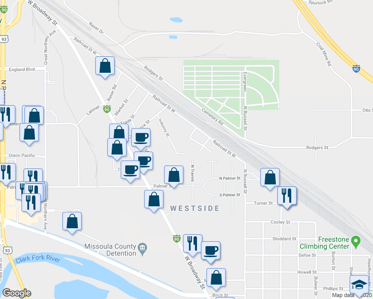 map of restaurants, bars, coffee shops, grocery stores, and more near 2508 Industry Street in Missoula