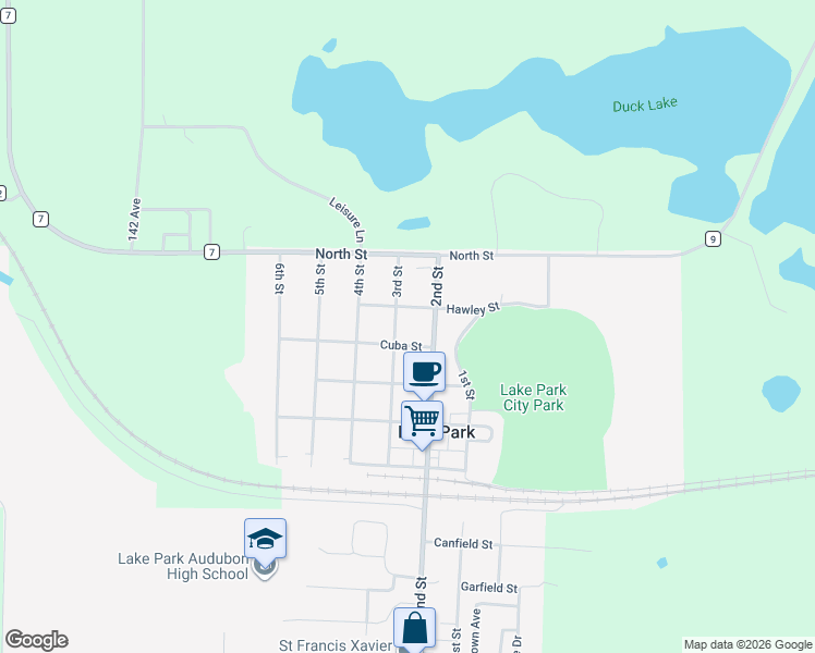 map of restaurants, bars, coffee shops, grocery stores, and more near 202 Cuba Street in Lake Park