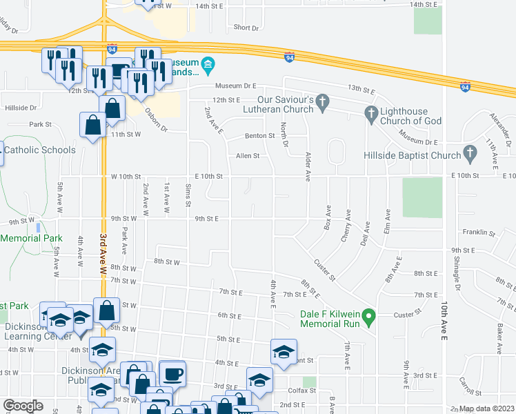 map of restaurants, bars, coffee shops, grocery stores, and more near 926 3rd Avenue East in Dickinson