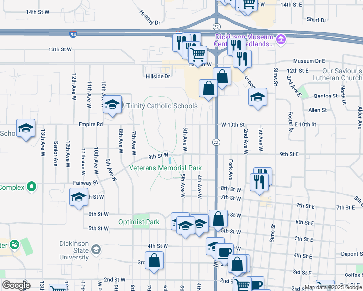 map of restaurants, bars, coffee shops, grocery stores, and more near 979 5th Avenue West in Dickinson
