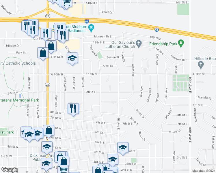 map of restaurants, bars, coffee shops, grocery stores, and more near 946-998 2nd Avenue East in Dickinson