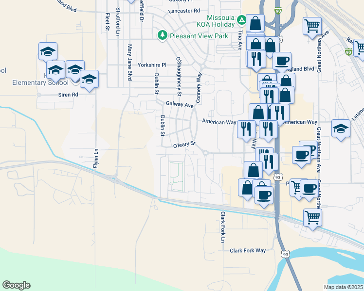 map of restaurants, bars, coffee shops, grocery stores, and more near 2626 O'Shaughnesy Street in Missoula