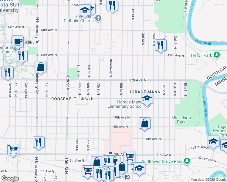 map of restaurants, bars, coffee shops, grocery stores, and more near 1143 Broadway North in Fargo