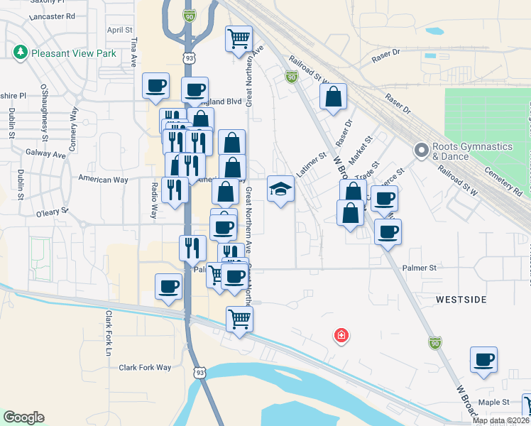 map of restaurants, bars, coffee shops, grocery stores, and more near 2500 Great Northern Avenue in Missoula