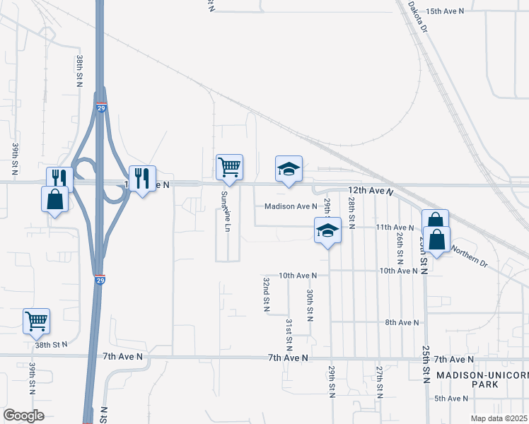 map of restaurants, bars, coffee shops, grocery stores, and more near 3130 12th Avenue North in Fargo