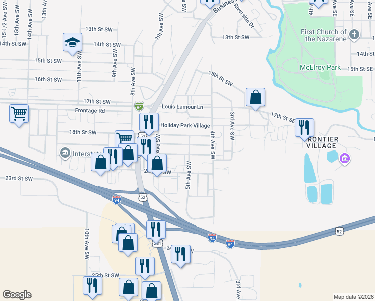 map of restaurants, bars, coffee shops, grocery stores, and more near 713 Holiday Park Village in Jamestown
