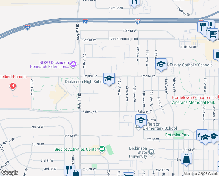 map of restaurants, bars, coffee shops, grocery stores, and more near 979 13th Avenue West in Dickinson