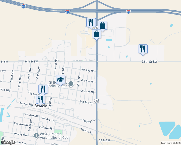 map of restaurants, bars, coffee shops, grocery stores, and more near 601-649 5th Avenue Northeast in Belfield