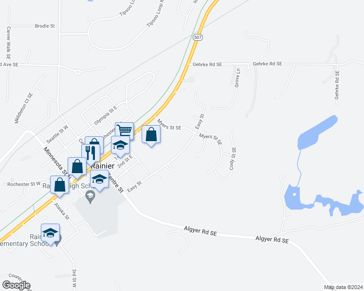 map of restaurants, bars, coffee shops, grocery stores, and more near 408 Easy Street in Rainier