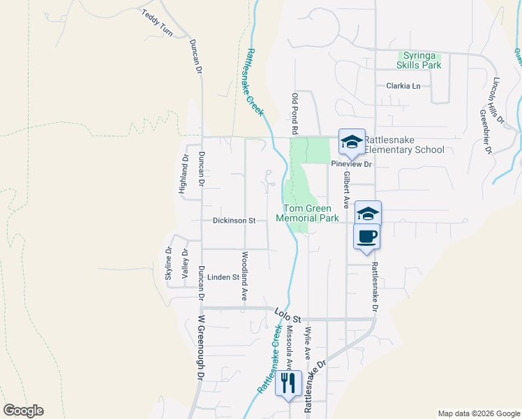 map of restaurants, bars, coffee shops, grocery stores, and more near 2706 Woodland Avenue in Missoula