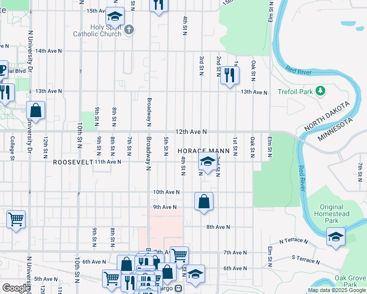 map of restaurants, bars, coffee shops, grocery stores, and more near 4th Street North in Fargo