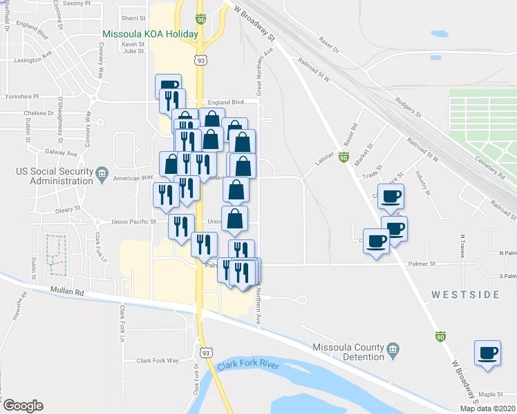 map of restaurants, bars, coffee shops, grocery stores, and more near 2873 Great Northern Avenue in Missoula