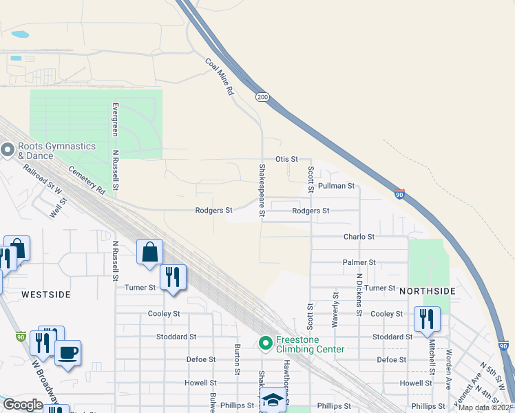 map of restaurants, bars, coffee shops, grocery stores, and more near 1890 Shakespeare Street in Missoula