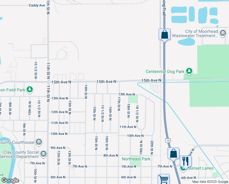 map of restaurants, bars, coffee shops, grocery stores, and more near 1403 17th Street North in Moorhead