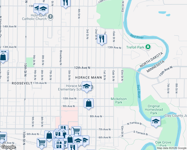 map of restaurants, bars, coffee shops, grocery stores, and more near 1143 2nd St N in Fargo
