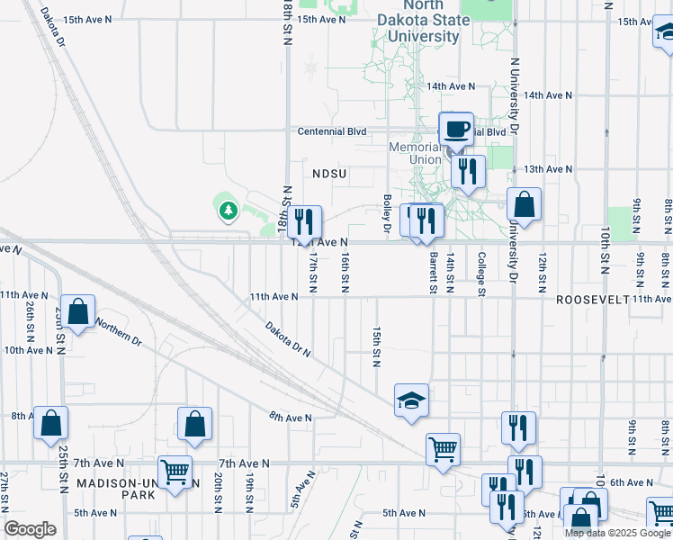 map of restaurants, bars, coffee shops, grocery stores, and more near in Fargo