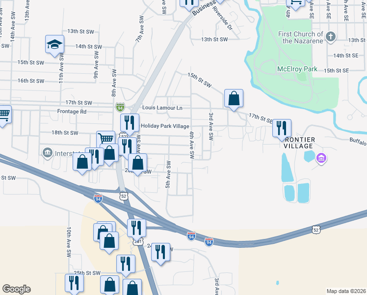 map of restaurants, bars, coffee shops, grocery stores, and more near 401-507 18th Street Southwest in Jamestown