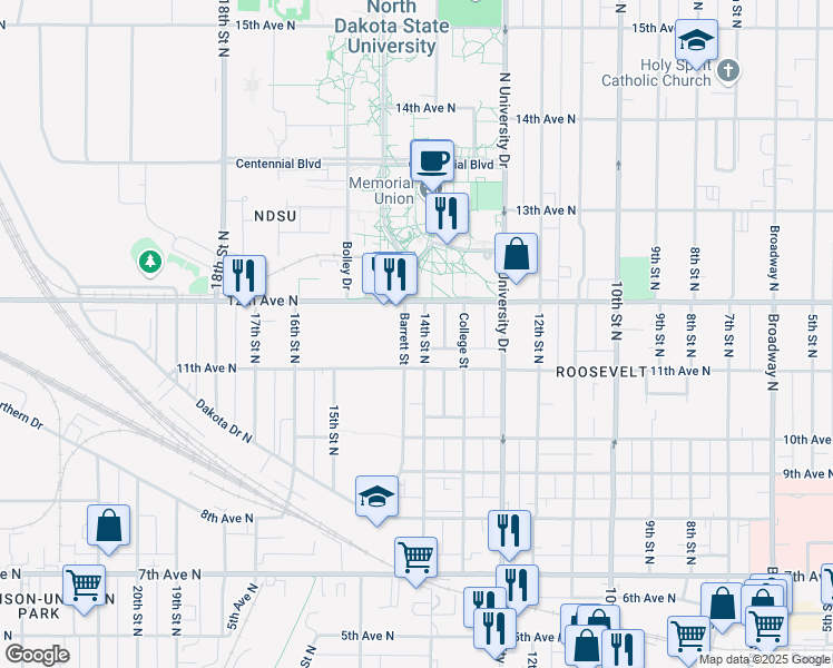 map of restaurants, bars, coffee shops, grocery stores, and more near 1122 14th Street North in Fargo