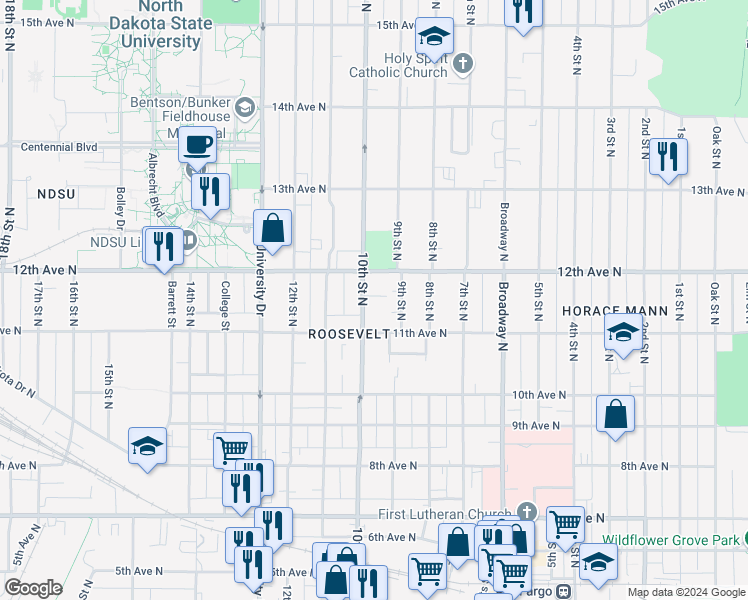 map of restaurants, bars, coffee shops, grocery stores, and more near 1115 10th Street North in Fargo