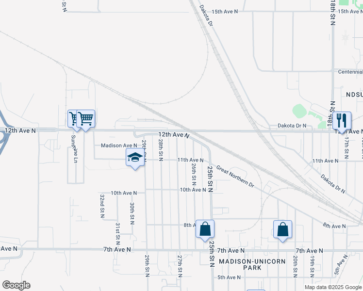 map of restaurants, bars, coffee shops, grocery stores, and more near 1121 27th Street North in Fargo
