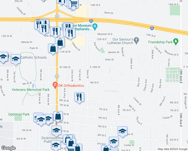 map of restaurants, bars, coffee shops, grocery stores, and more near 953 Foster Drive in Dickinson