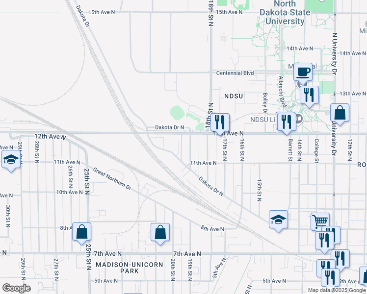 map of restaurants, bars, coffee shops, grocery stores, and more near 1126 19th Street North in Fargo