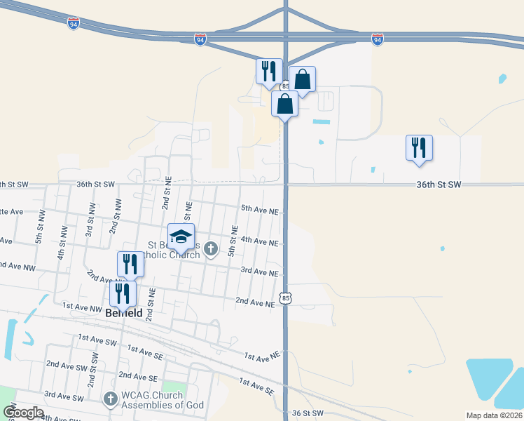 map of restaurants, bars, coffee shops, grocery stores, and more near 601 5th Avenue Northeast in Belfield