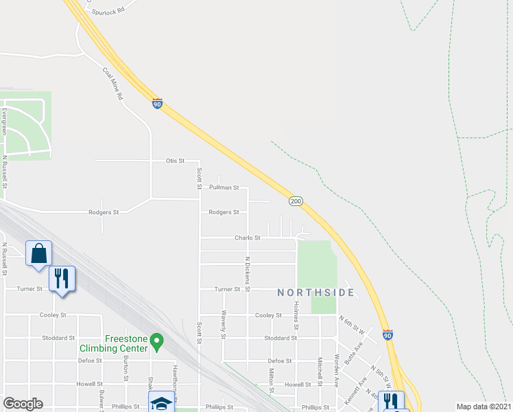 map of restaurants, bars, coffee shops, grocery stores, and more near 1840 North Dickens Street in Missoula