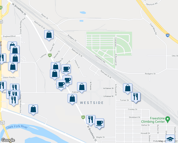 map of restaurants, bars, coffee shops, grocery stores, and more near 2505 Railroad Street West in Missoula