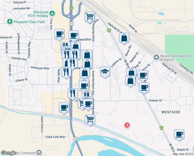 map of restaurants, bars, coffee shops, grocery stores, and more near 2901-3099 American Way in Missoula