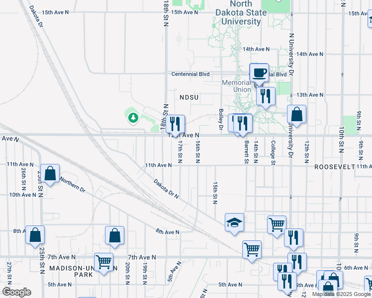 map of restaurants, bars, coffee shops, grocery stores, and more near in Fargo