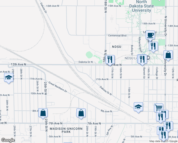map of restaurants, bars, coffee shops, grocery stores, and more near 1951 Dakota Drive North in Fargo