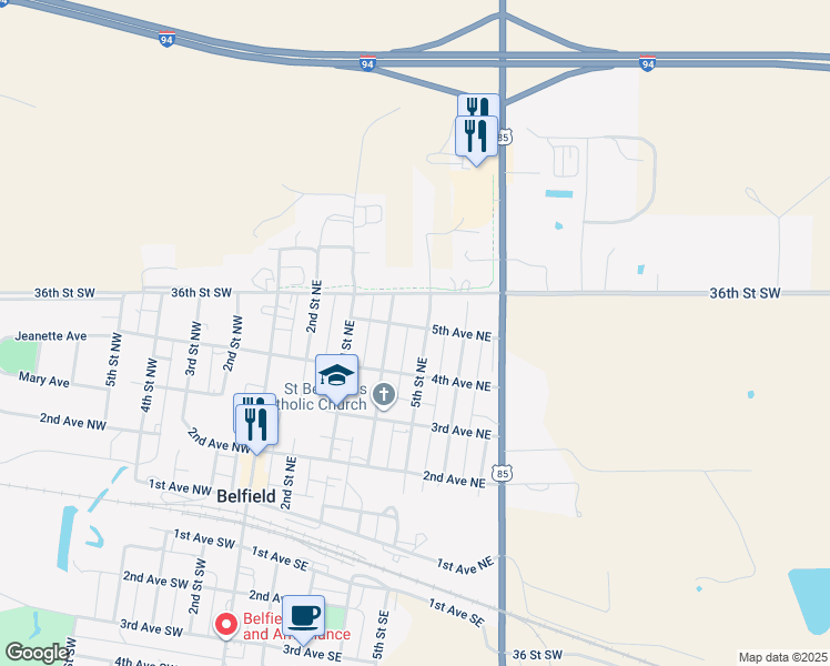 map of restaurants, bars, coffee shops, grocery stores, and more near 500-598 5th Street Northeast in Belfield